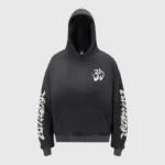 Hellstar OHM Hoodie in black with a vintage wash, featuring bold screen-printed graphic designs and oversized fit.