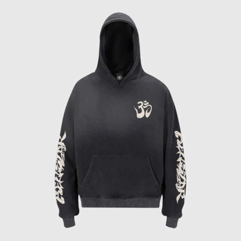 Hellstar OHM Hoodie in black with a vintage wash, featuring bold screen-printed graphic designs and oversized fit.