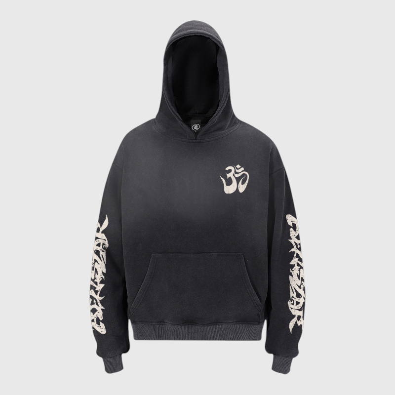 Hellstar OHM Hoodie Black Vintage Wash Hellstar OHM Hoodie in black with a vintage wash, featuring bold screen-printed graphic designs and oversized fit.