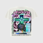 Hellstar Online white T-shirt featuring a retro-tech graphic of a gamer, neon cross, and Has your progress been saved text.