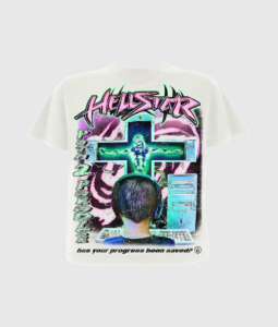 Hellstar Online white T-shirt featuring a retro-tech graphic of a gamer, neon cross, and Has your progress been saved text.