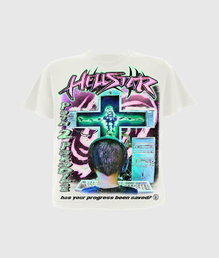 Hellstar Online white T-shirt featuring a retro-tech graphic of a gamer, neon cross, and Has your progress been saved text.