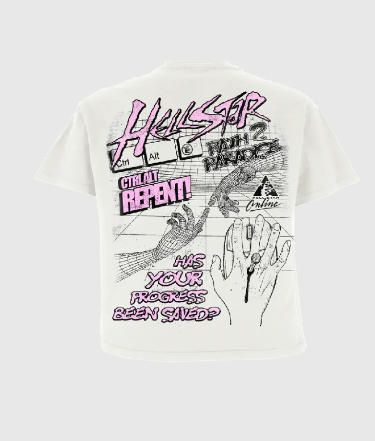 Hellstar Online white T-shirt from Capsule 10 collection featuring a retro-tech digital graphic screen print design.