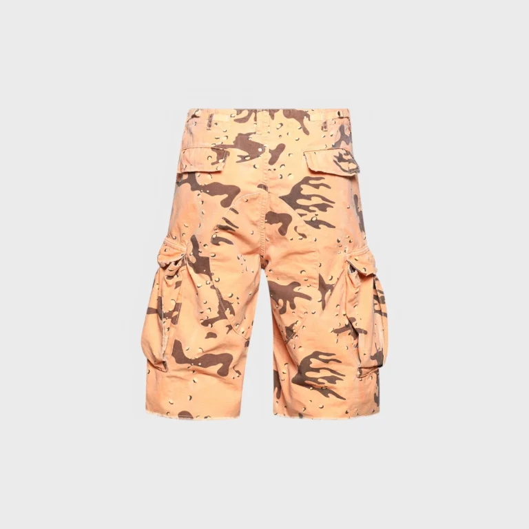 Back view of Hellstar orange camo cargo shorts featuring deep pockets and durable construction for a stylish urban look
