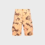 Front view of Hellstar branded orange camouflage cargo shorts with deep side pockets and a durable fabric construction.
