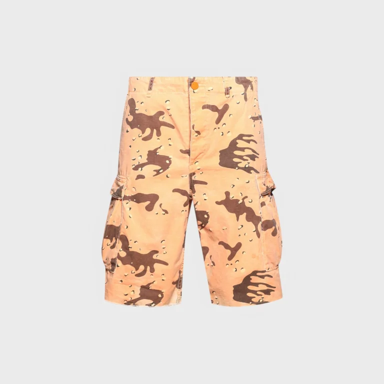 Front view of Hellstar branded orange camouflage cargo shorts with deep side pockets and a durable fabric construction.