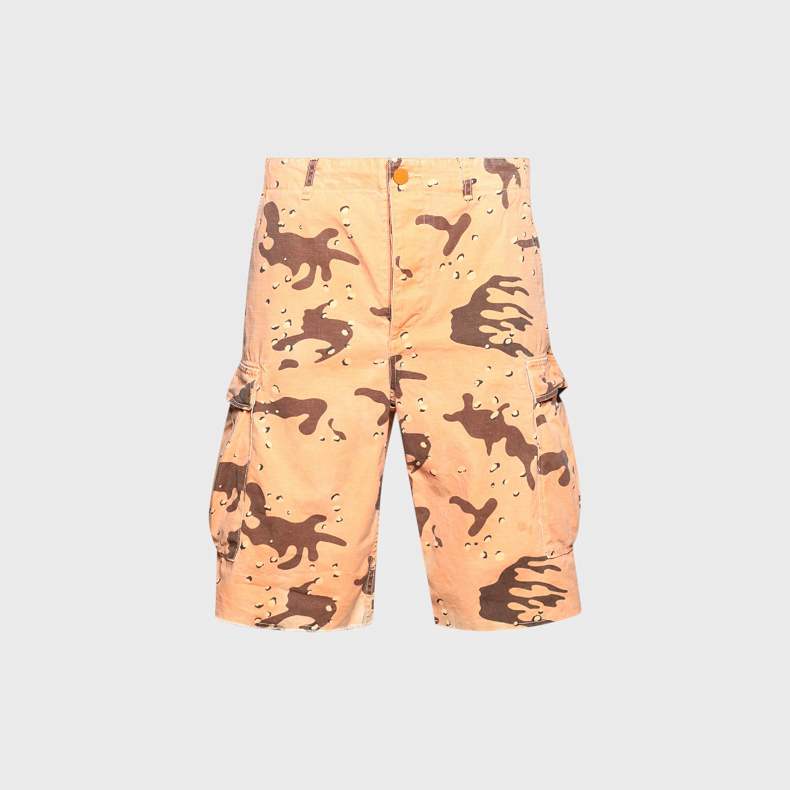 Hellstar Orange Camo Shorts Front View Front view of Hellstar branded orange camouflage cargo shorts with deep side pockets and a durable fabric construction.
