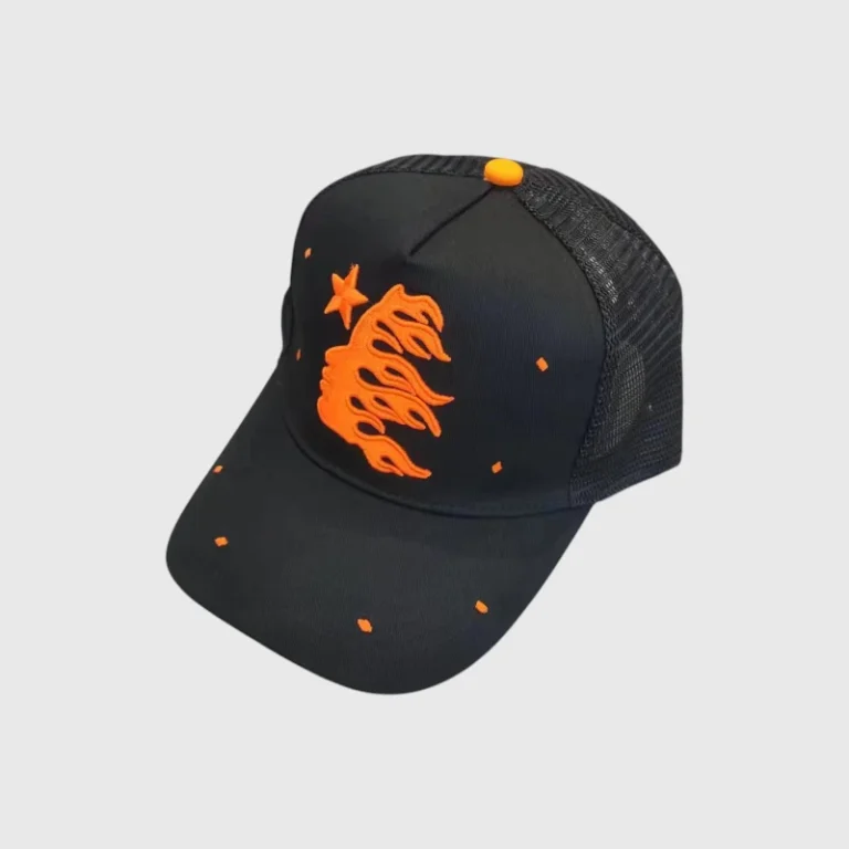 Black Hellstar baseball hat featuring an iconic orange logo and mesh back detailing for a stylish streetwear look.