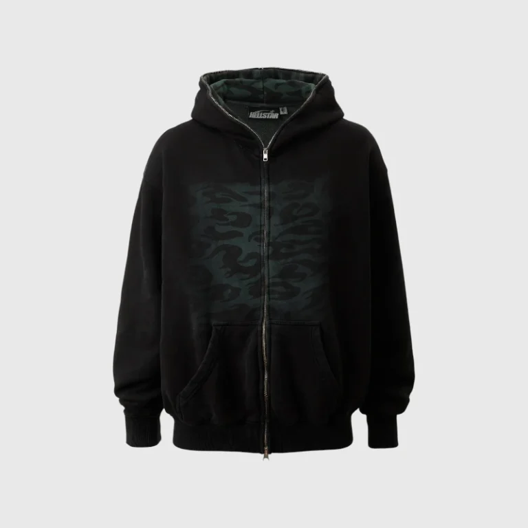 Hellstar Overdye Cheetah Zip-Up Hoodie featuring a heavyweight black vintage washed cotton fleece and premium design.