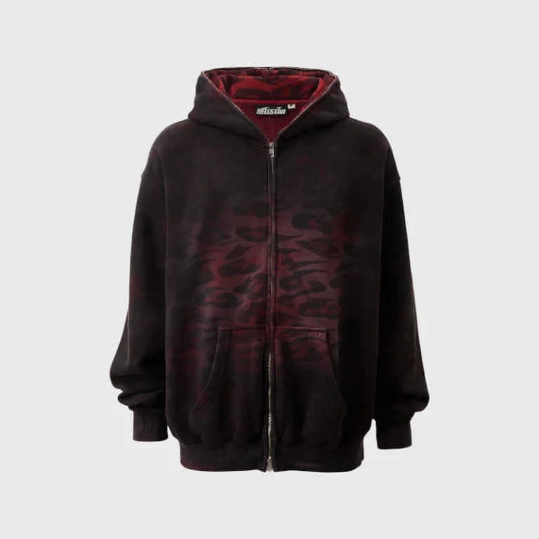 Hellstar Overdye Cheetah Zip-Up Hoodie in a dark red colorway featuring a bold animal print design for streetwear fashion