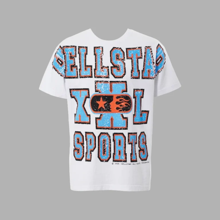 White Hellstar oversized sports t-shirt featuring bold distressed blue and orange graphic lettering in an XXL fit.