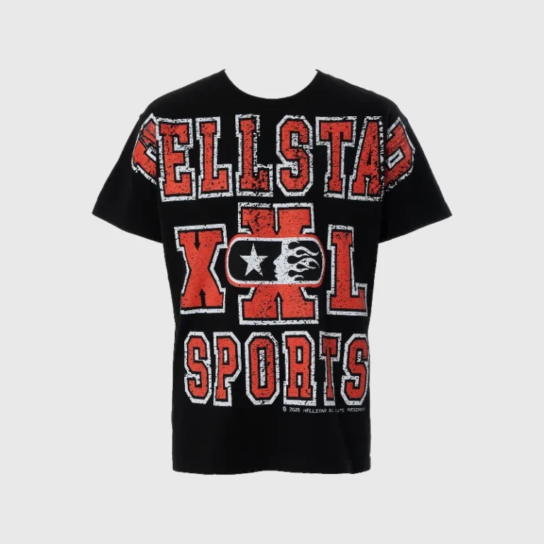 Hellstar black oversized sports t-shirt with red and white graphic print, featuring athletic XXL branding style.