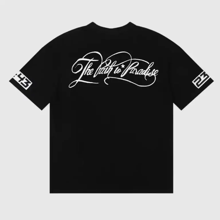 Back view of the black Hellstar Path to Paradise T-shirt featuring white graphic screen print lettering and detailing.