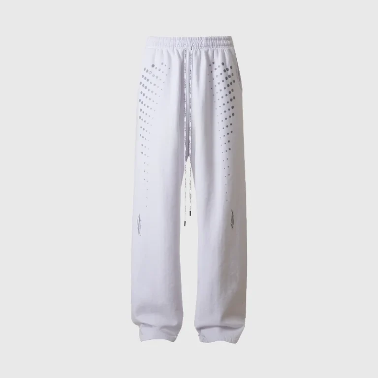 White Hellstar P2P Hype Flight sweatpants featuring a drawstring waist and modern urban graphic screen print design.
