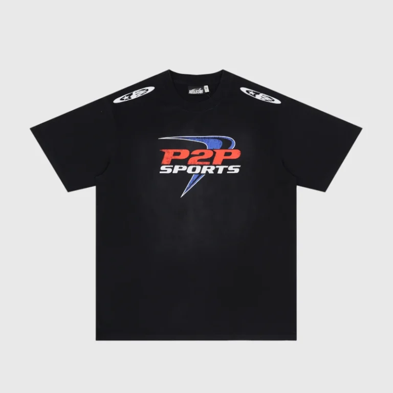 Front view of the black Hellstar P2P Sports t-shirt with graphic logo on the chest and shoulder accent details.