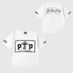 Hellstar P2P T-Shirt in white, featuring front graphic print and back script lettering with vintage washed cotton.