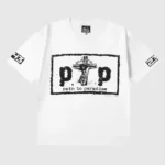 Front view of the white Hellstar P2P T-Shirt featuring a vintage washed graphic screen print and unique design.