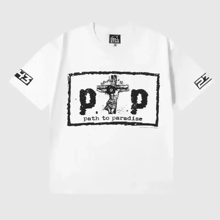 Front view of the white Hellstar P2P T-Shirt featuring a vintage washed graphic screen print and unique design.