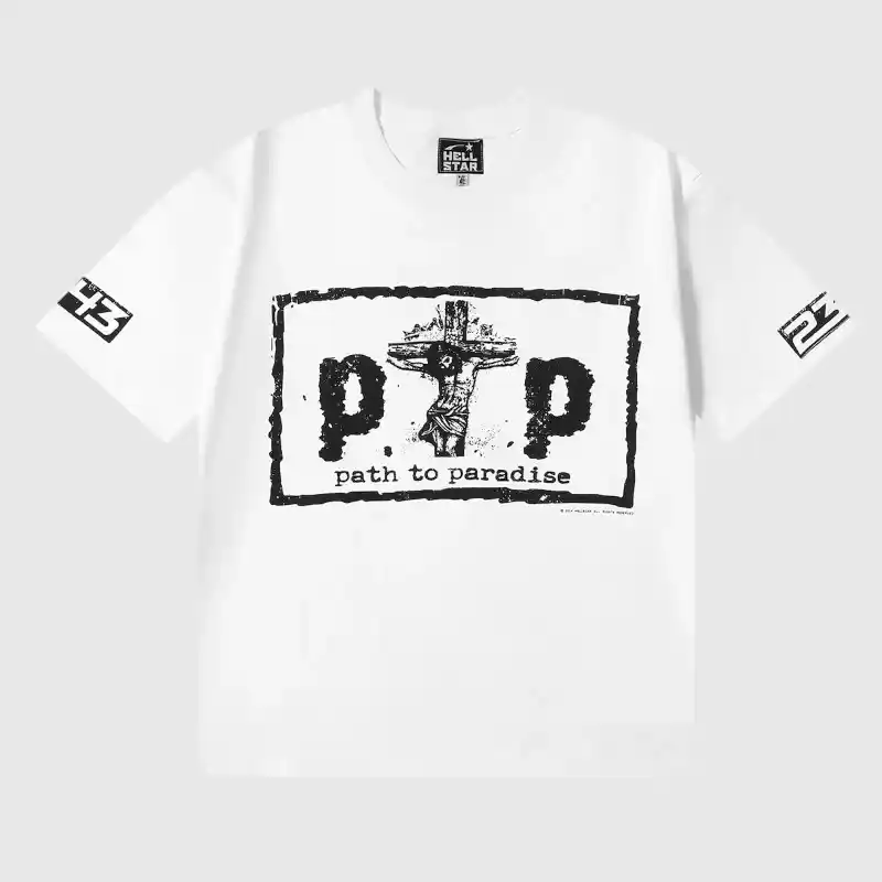 Hellstar P2P White T Shirt Front View Front view of the white Hellstar P2P T-Shirt featuring a vintage washed graphic screen print and unique design.
