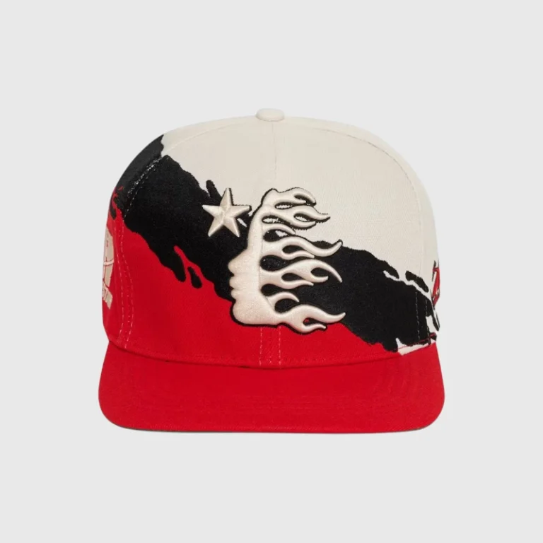 Hellstar Paintbrush Snapback Hat in black and red, featuring a unique graphic design and an adjustable closure.