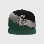Hellstar Paintbrush Snapback Hat in Black and Green with unique artistic flame graphic detail and adjustable fit.