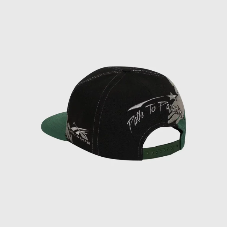 Black and green Hellstar Paintbrush snapback hat featuring an artistic design and adjustable closure back view.