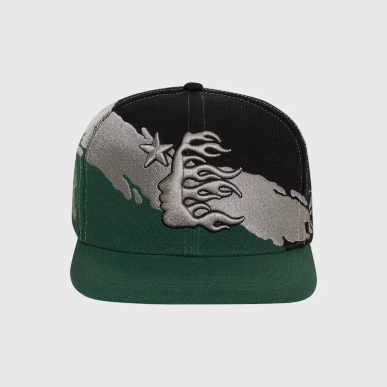Hellstar Paintbrush Snapback Hat in Black and Green with unique artistic flame graphic detail and adjustable fit.