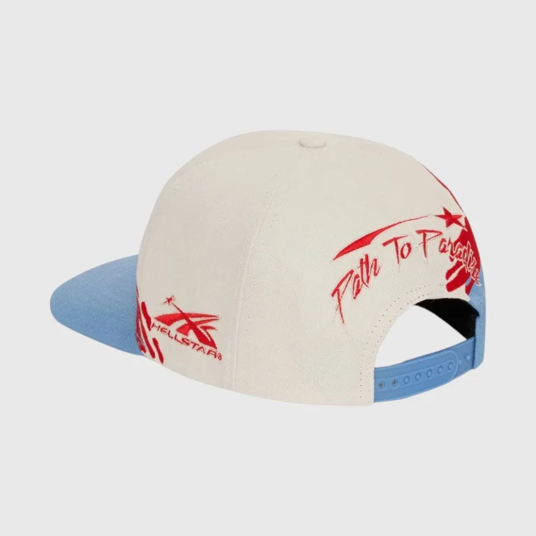 Hellstar Paintbrush Snapback Hat in red and blue featuring Path to Paradise embroidery and adjustable strap closure.
