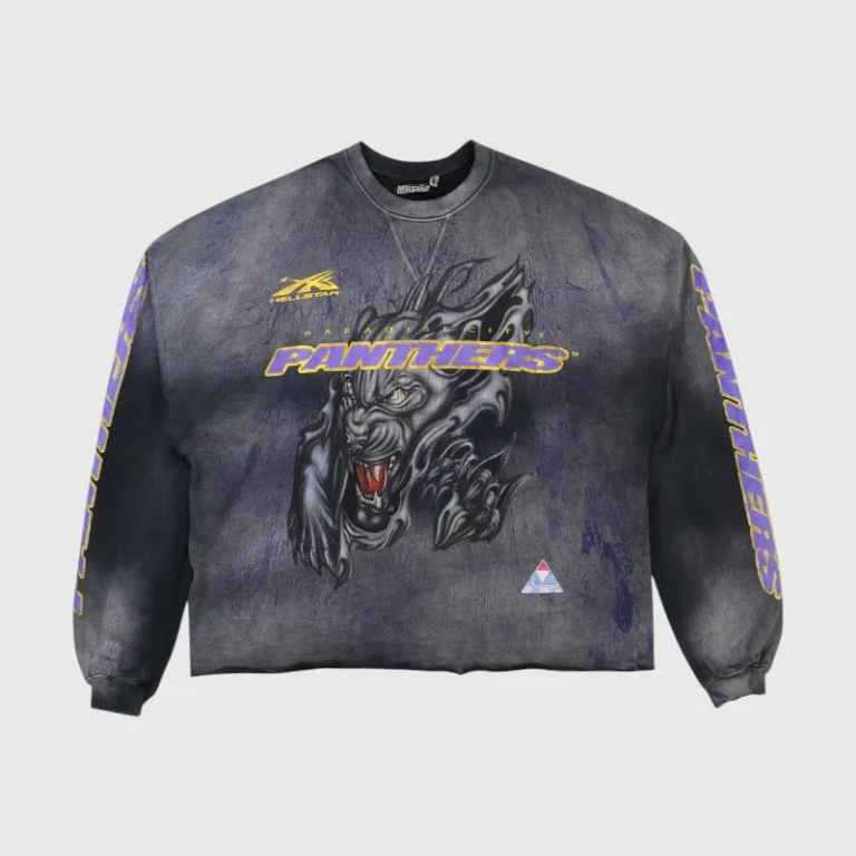 Hellstar Paradise City Panthers sweater featuring a black and purple distressed wash with a fierce panther graphic print.