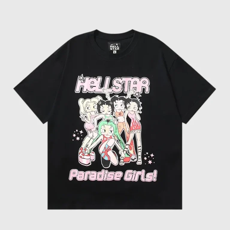 Black Hellstar Paradise Girls graphic t-shirt made of soft premium cotton with a vintage screen print design.