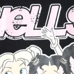 Close up of the Hellstar Paradise Girls t-shirt graphic showing cartoon characters and distressed pink lettering.