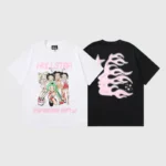 Hellstar Paradise Girls T-shirt displaying a white front graphic and a black back graphic with a flame and star design.