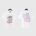 Front and back view of the white Hellstar Paradise Girls t-shirt featuring anime-style girls and pink flame graphics.