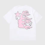 White Hellstar Paradise Girls t-shirt featuring a pink flame graphic of a face and stars on the back of the cotton tee.