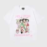 A front view of the white Hellstar Paradise Girls graphic t-shirt featuring an animated cartoon group design.