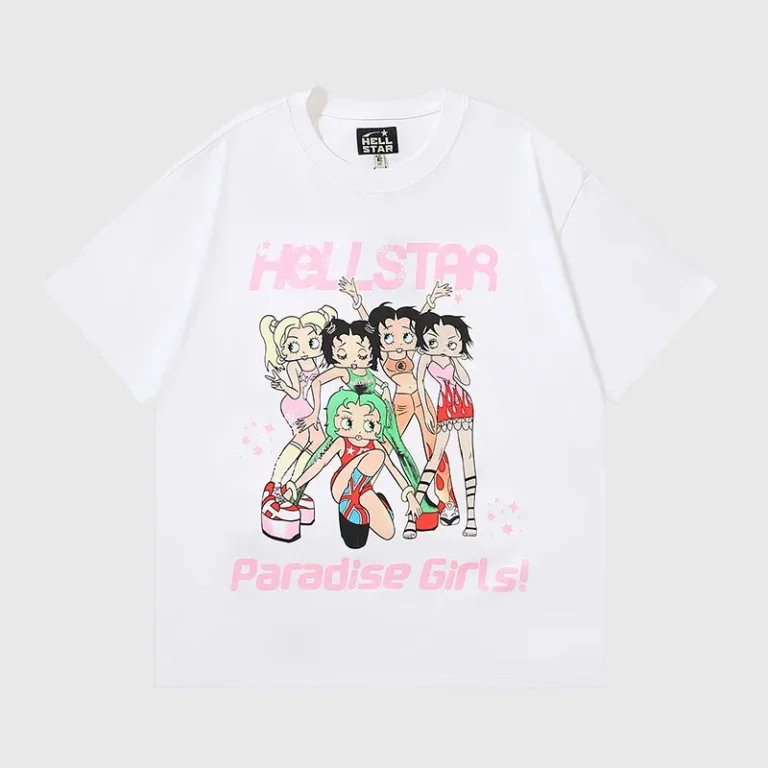 A front view of the white Hellstar Paradise Girls graphic t-shirt featuring an animated cartoon group design.