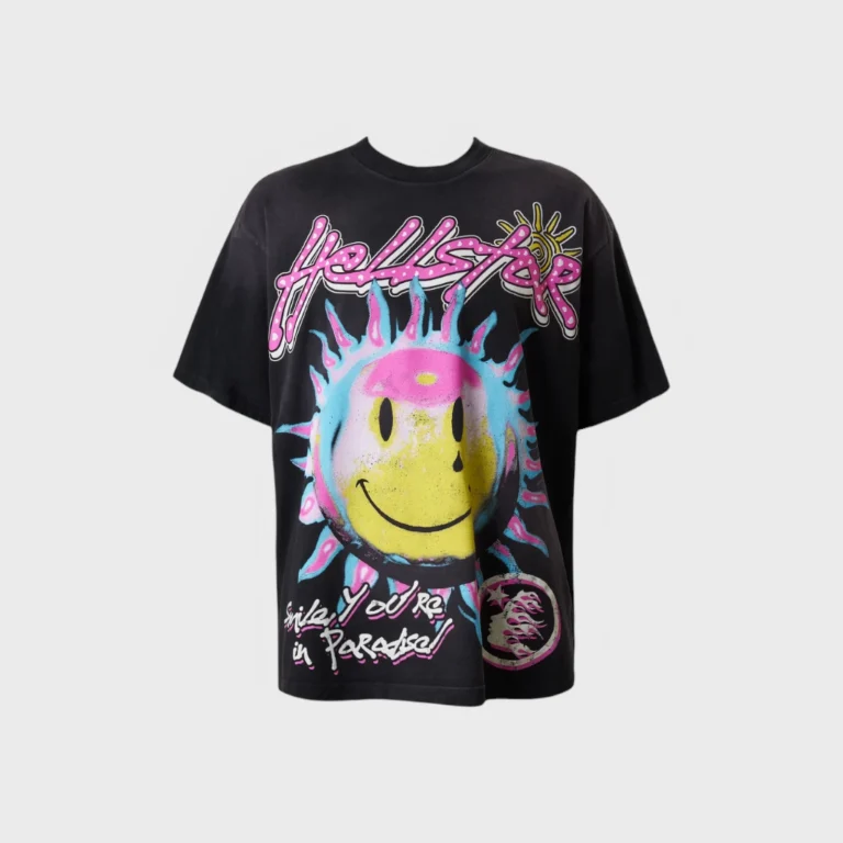 Hellstar Paradise Smile Graphic T-Shirt in black featuring a vibrant sun face print and streetwear lettering design.