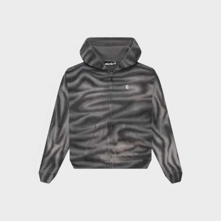 Front view of the Hellstar Path to Paradise airbrush zip-up hoodie in a grey colorway with wavy graphic patterns.