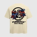 Back view of the beige Hellstar Path To Paradise T-shirt featuring a stylized graphic print with mystical creatures.