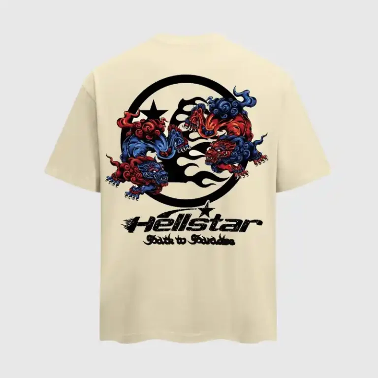 Back view of the beige Hellstar Path To Paradise T-shirt featuring a stylized graphic print with mystical creatures.
