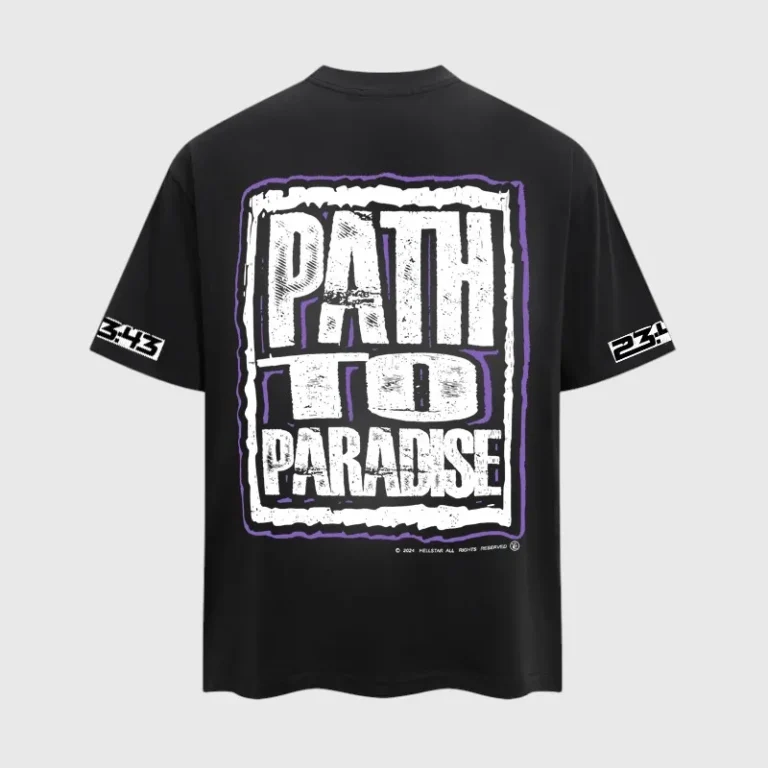 Hellstar Path To Paradise black t-shirt featuring a bold, distressed white and purple graphic print on the back.