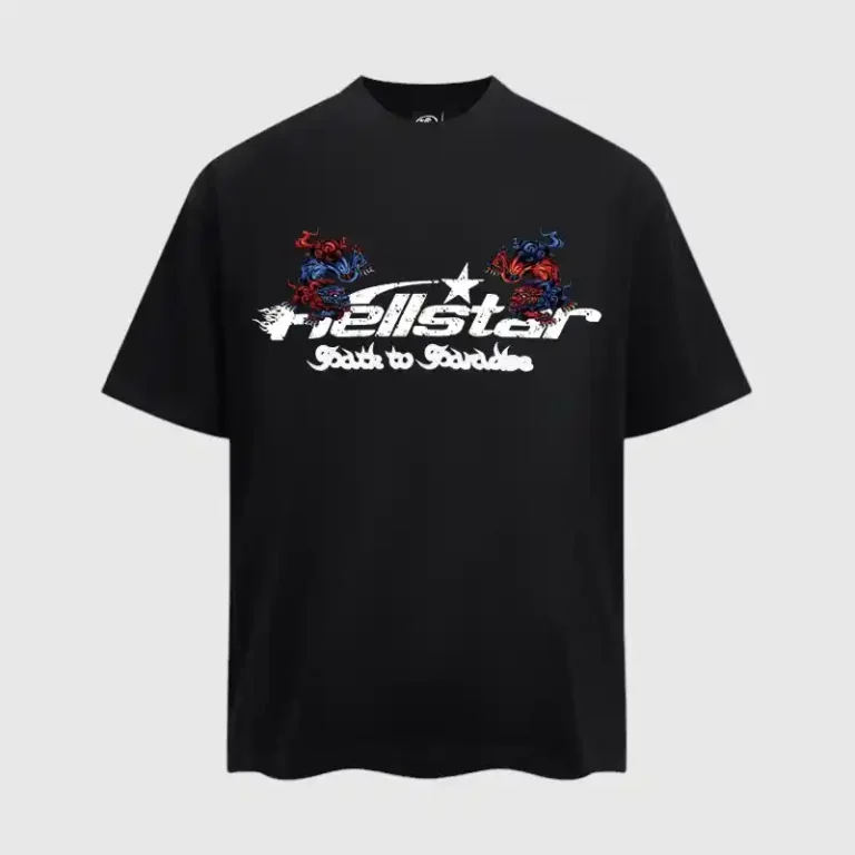 Black Hellstar Path to Paradise cotton t-shirt featuring white logo branding and vibrant red and blue dragon graphics.