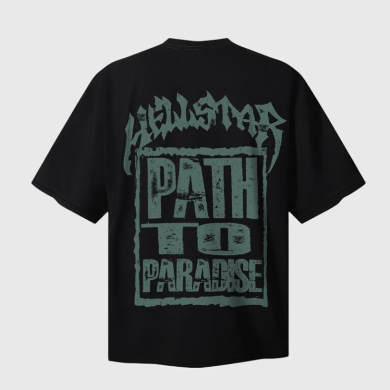 Back view of the black Hellstar Path To Paradise graphic T-shirt with vintage distressed streetwear print design