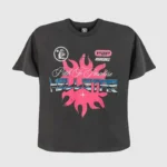 Front view of the black Hellstar Path to Paradise T-shirt featuring a pink sun graphic and branded P2P 1996 logo print