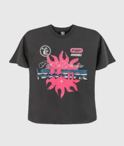 Front view of the black Hellstar Path to Paradise T-shirt featuring a pink sun graphic and branded P2P 1996 logo print
