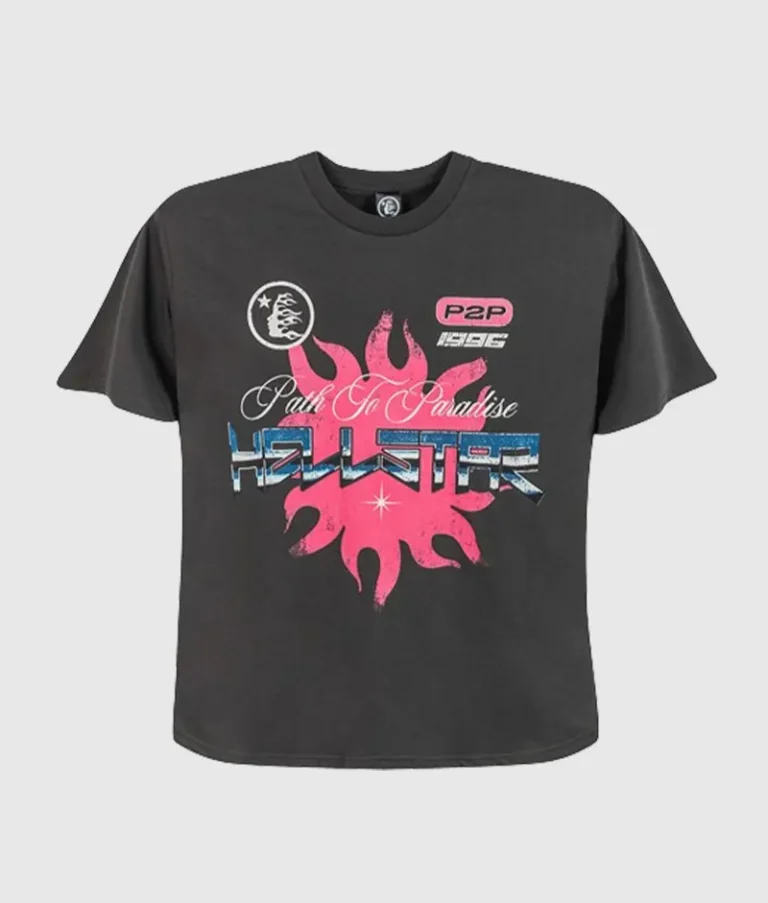 Front view of the black Hellstar Path to Paradise T-shirt featuring a pink sun graphic and branded P2P 1996 logo print