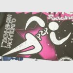 Close-up of the graphic screen print on the back of a Hellstar Path to Paradise hooded sweatshirt featuring pink stars.