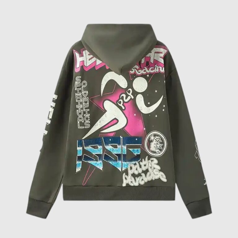 Back view of the green Hellstar Path To Paradise Hoodie featuring vibrant screen-printed streetwear graphics.