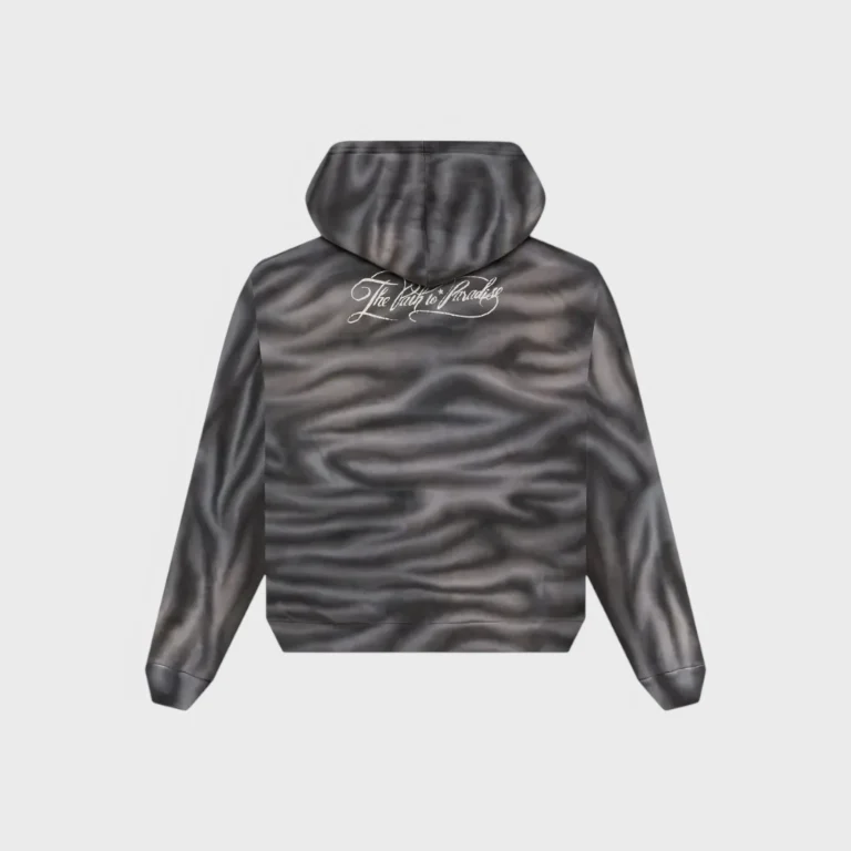 Back view of the Hellstar Path to Paradise airbrush zip-up hoodie featuring detailed gray vintage graphic print.