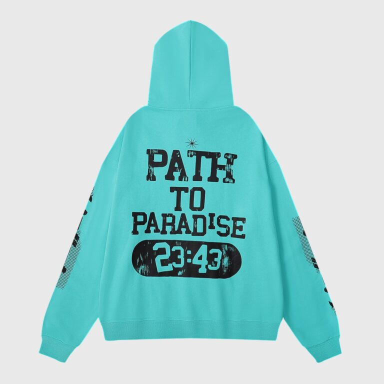Back view of the Hellstar Path to Paradise mint green hoodie featuring the iconic 23:43 graphic screen print design.